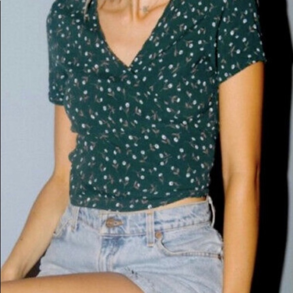 Brandy Melville One Size Green Floral Print Wrap Blouse Top